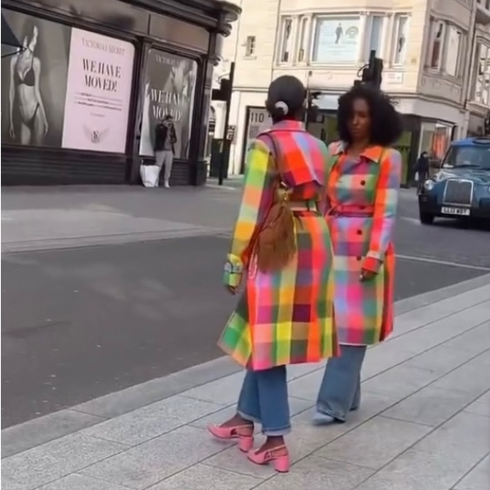 🎉Colorful Checkered Plaid Double Breasted belted Trench Coat - Picture 12 of 12